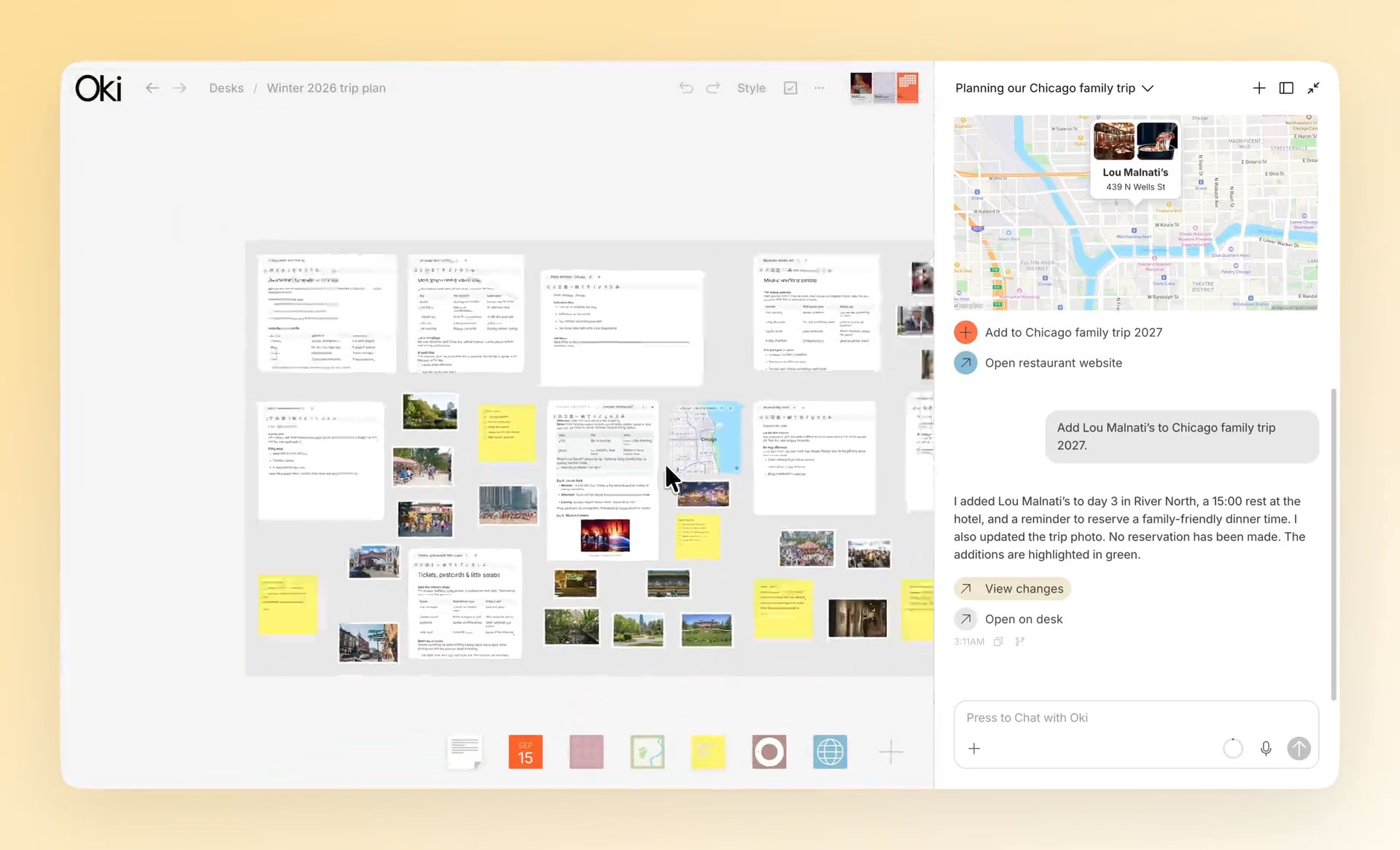 Managing personal context with Oki while planning a Chicago trip.