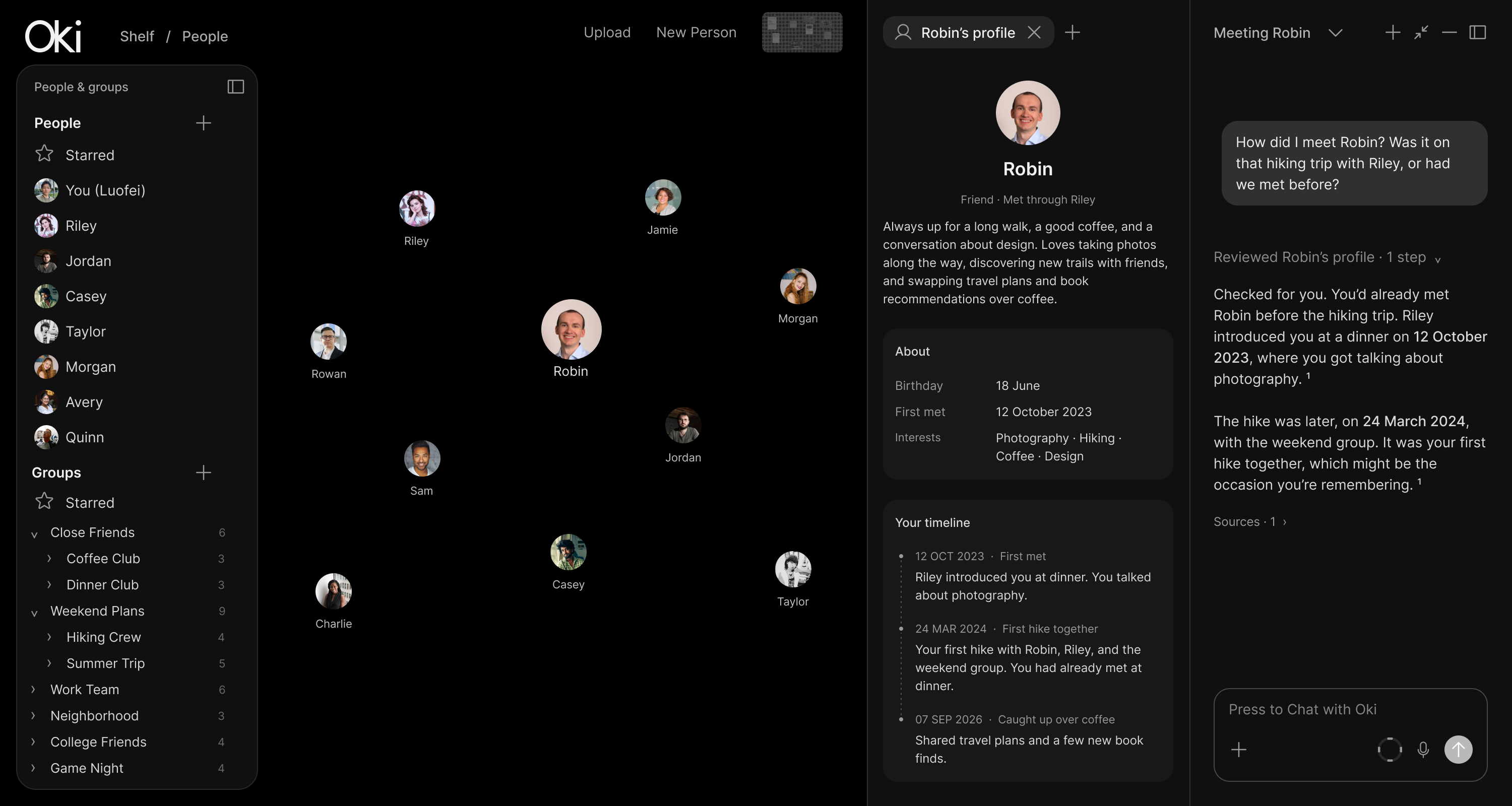 Oki People canvas with ten people, Robin’s profile tray, and a chat about how you first met.