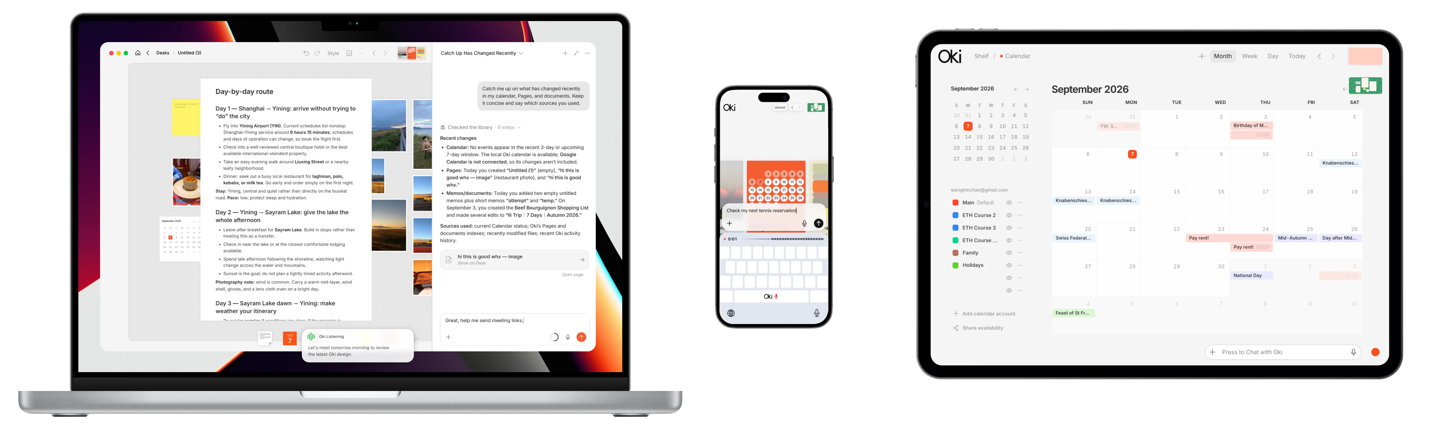 Oki Home open across a laptop, phone, and tablet.