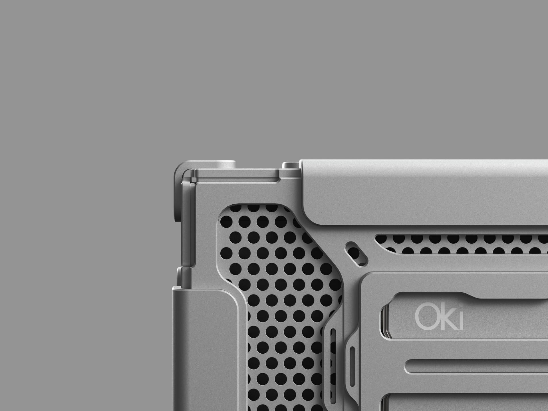 Close-up of the all-aluminum Oki Home enclosure.